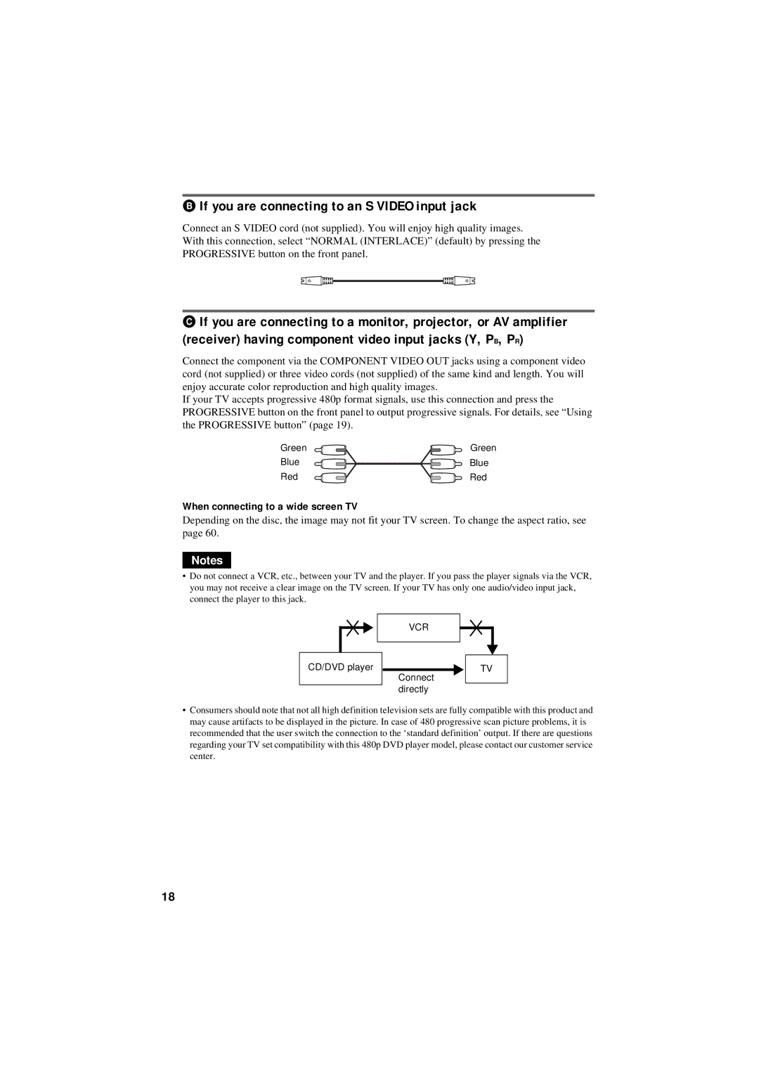 Sony DVP-NS50P operating instructions If you are connecting to an S Video input jack, When connecting to a wide screen TV 