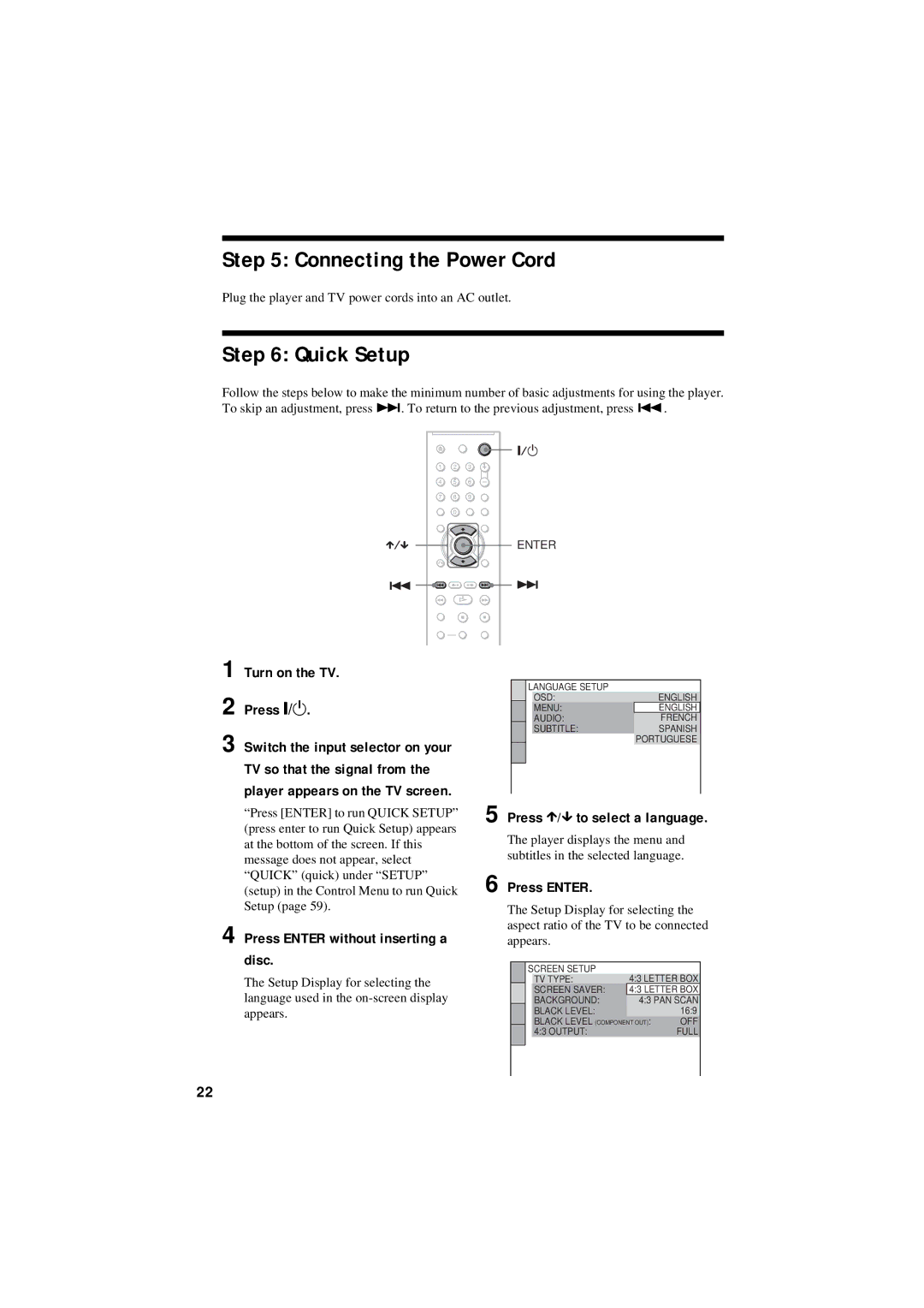 Sony DVP-NS50P operating instructions Connecting the Power Cord, Quick Setup 