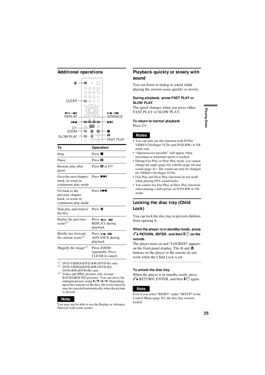 Sony DVP-NS50P Additional operations, Playback quickly or slowly with sound, Locking the disc tray Child 