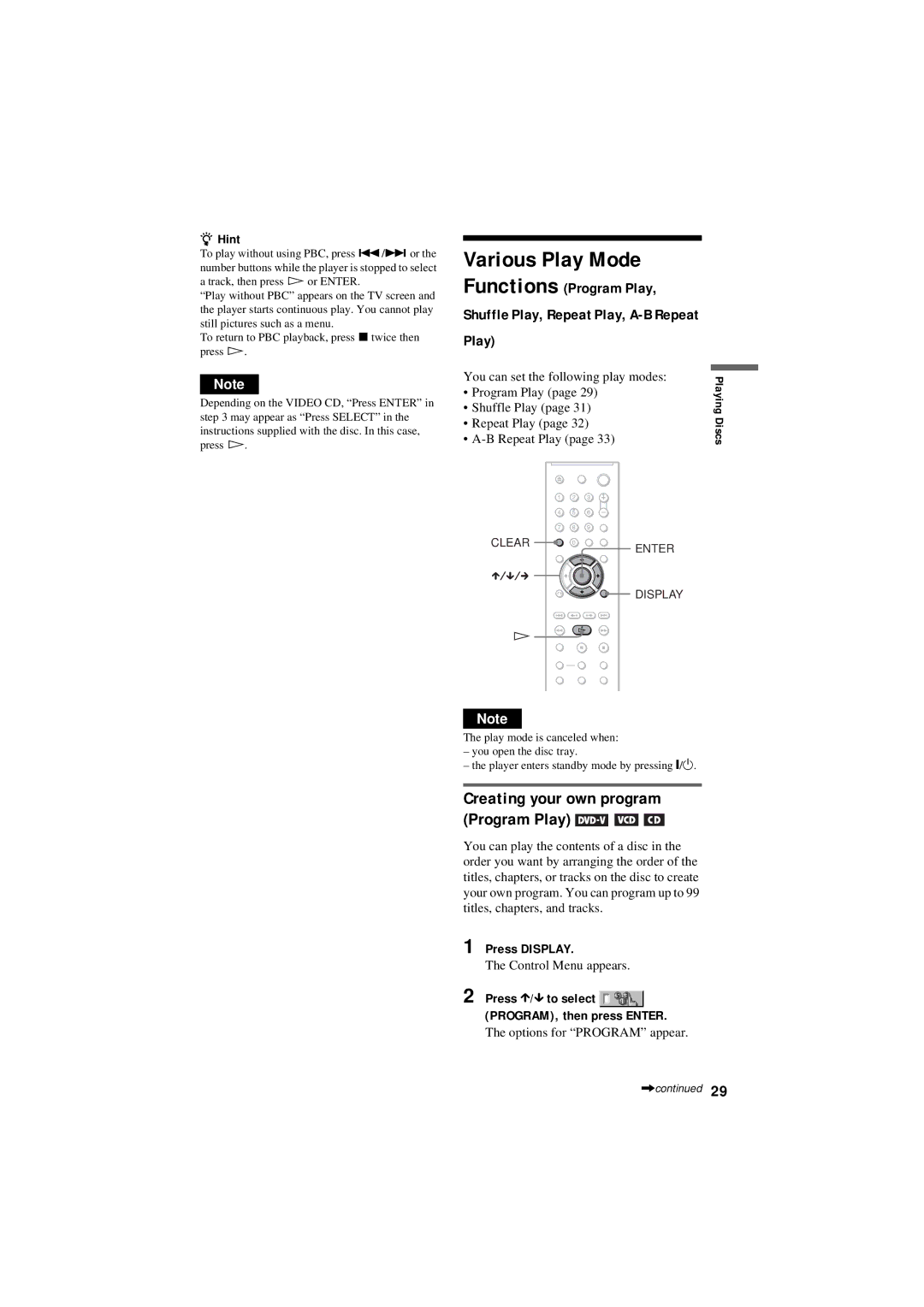 Sony DVP-NS50P operating instructions Various Play Mode, Functions Program Play, Creating your own program Program Play 