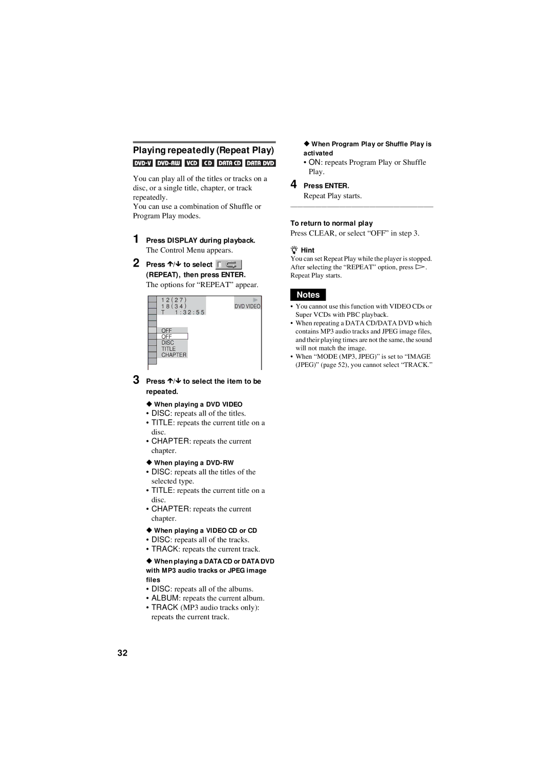 Sony DVP-NS50P operating instructions Press X/x to select the item to be repeated, When playing a DVD-RW 