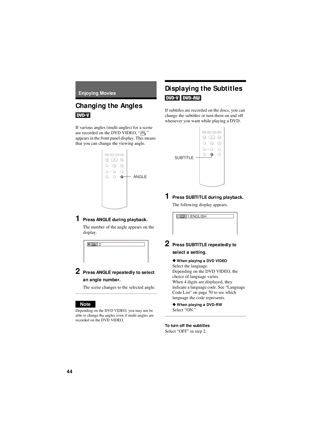 Sony DVP-NS50P Changing the Angles, Displaying the Subtitles, Press Angle during playback, Press Subtitle during playback 