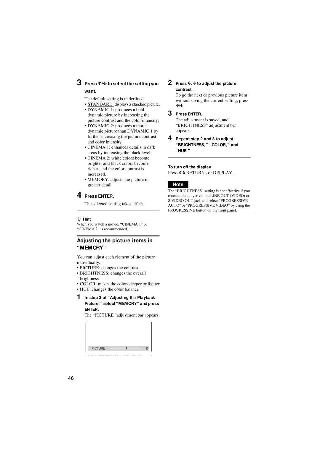 Sony DVP-NS50P operating instructions Adjusting the picture items in Memory, Press X/x to select the setting you want 