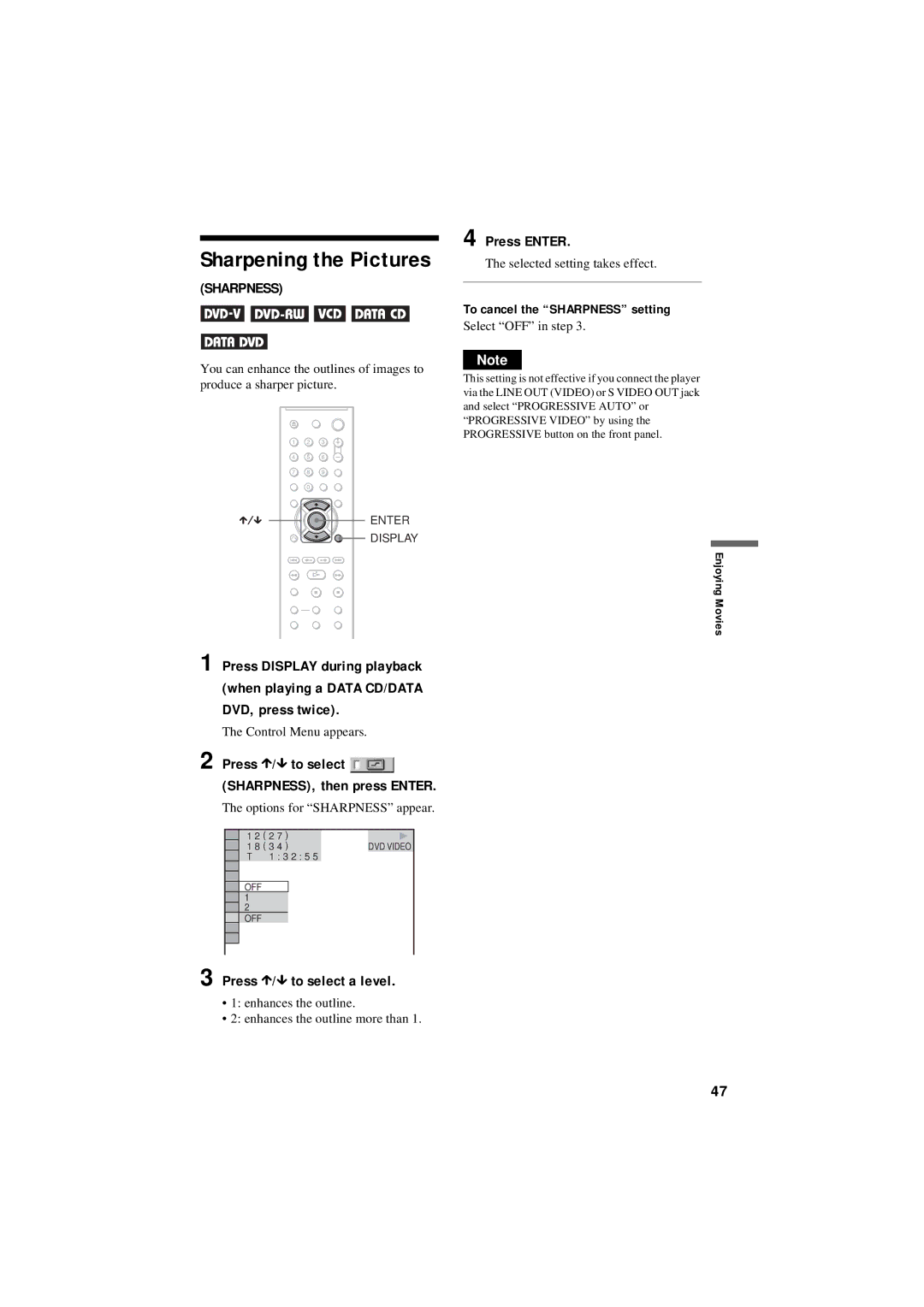 Sony DVP-NS50P operating instructions Press X/x to select a level, To cancel the Sharpness setting, Enjoying Movies 