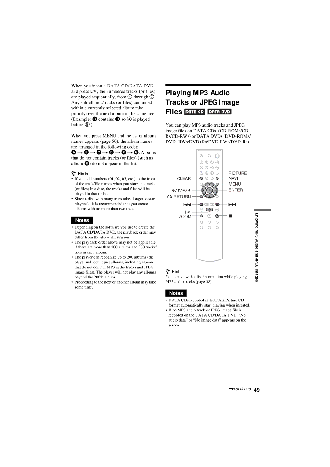 Sony DVP-NS50P operating instructions Playing MP3 Audio Tracks or Jpeg Image Files 