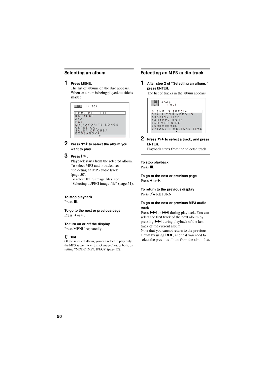 Sony DVP-NS50P operating instructions Selecting an album, Selecting an MP3 audio track 