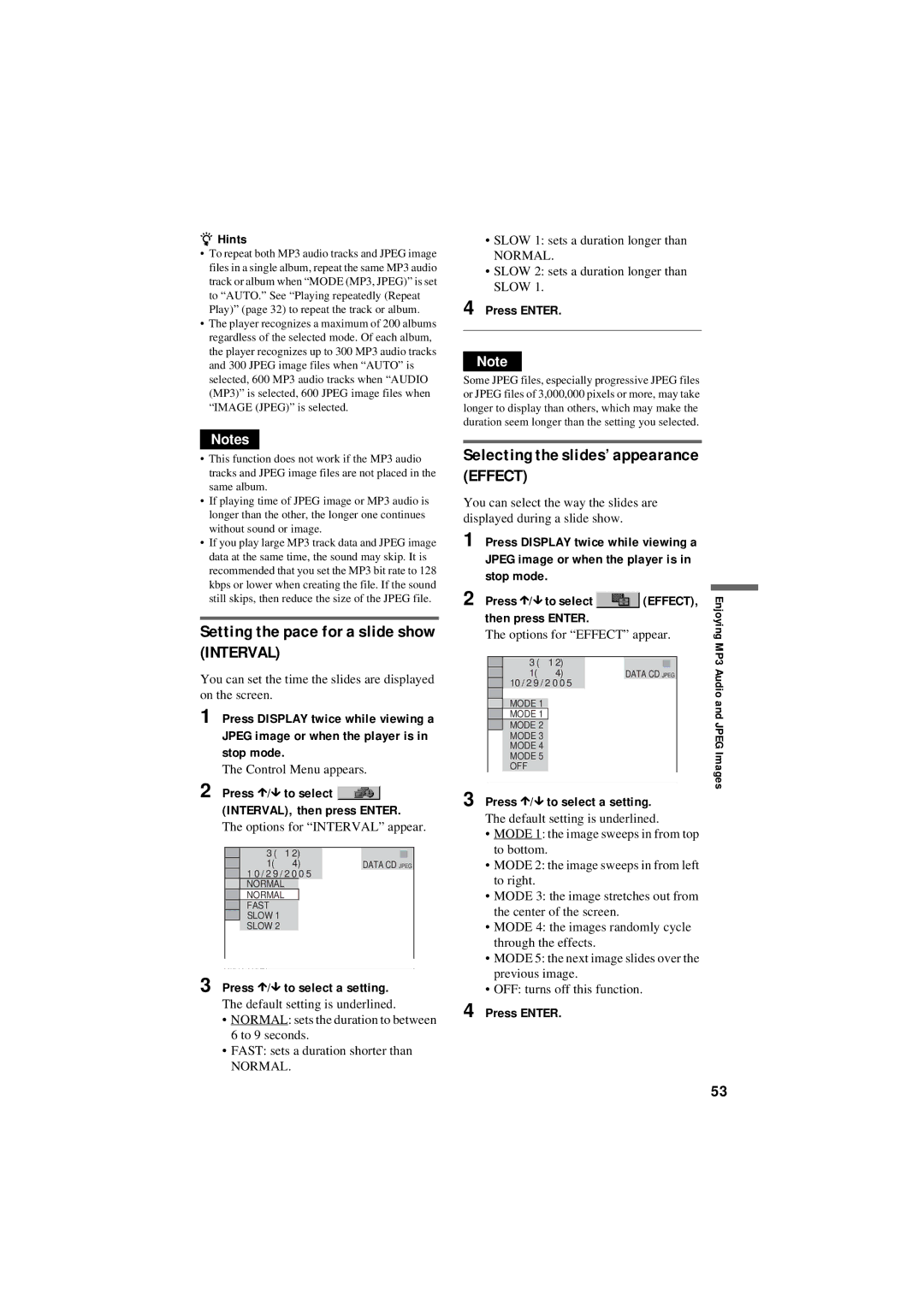 Sony DVP-NS50P operating instructions Setting the pace for a slide show Interval, Selecting the slides’ appearance Effect 