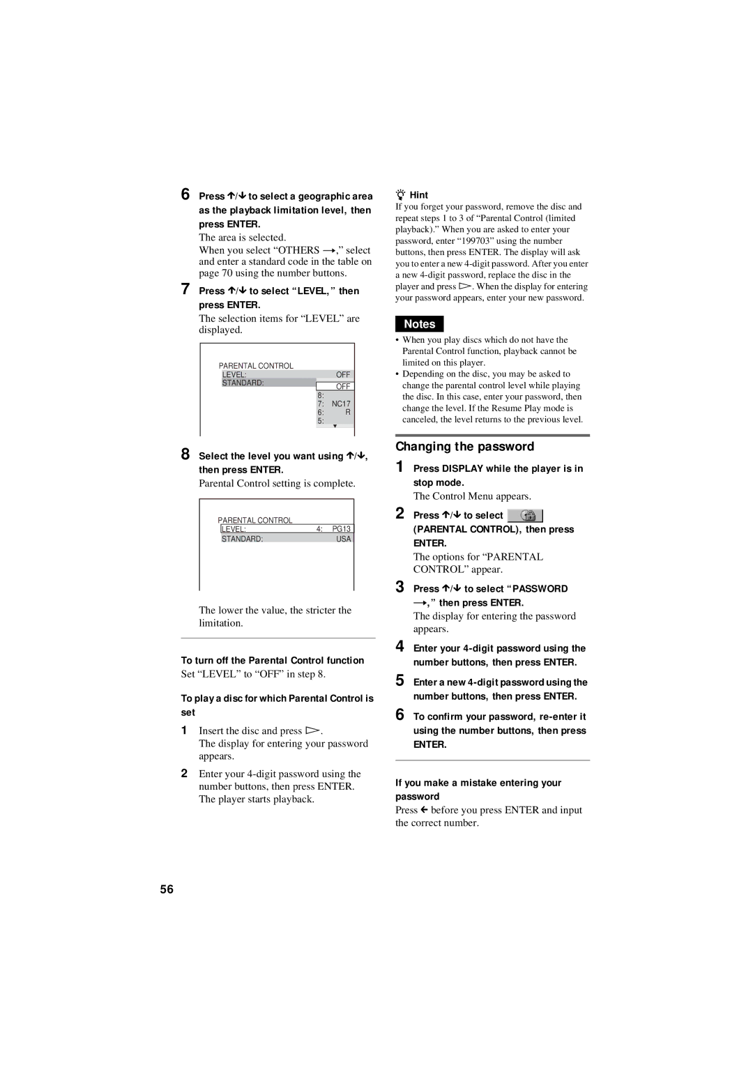 Sony DVP-NS50P operating instructions Changing the password 