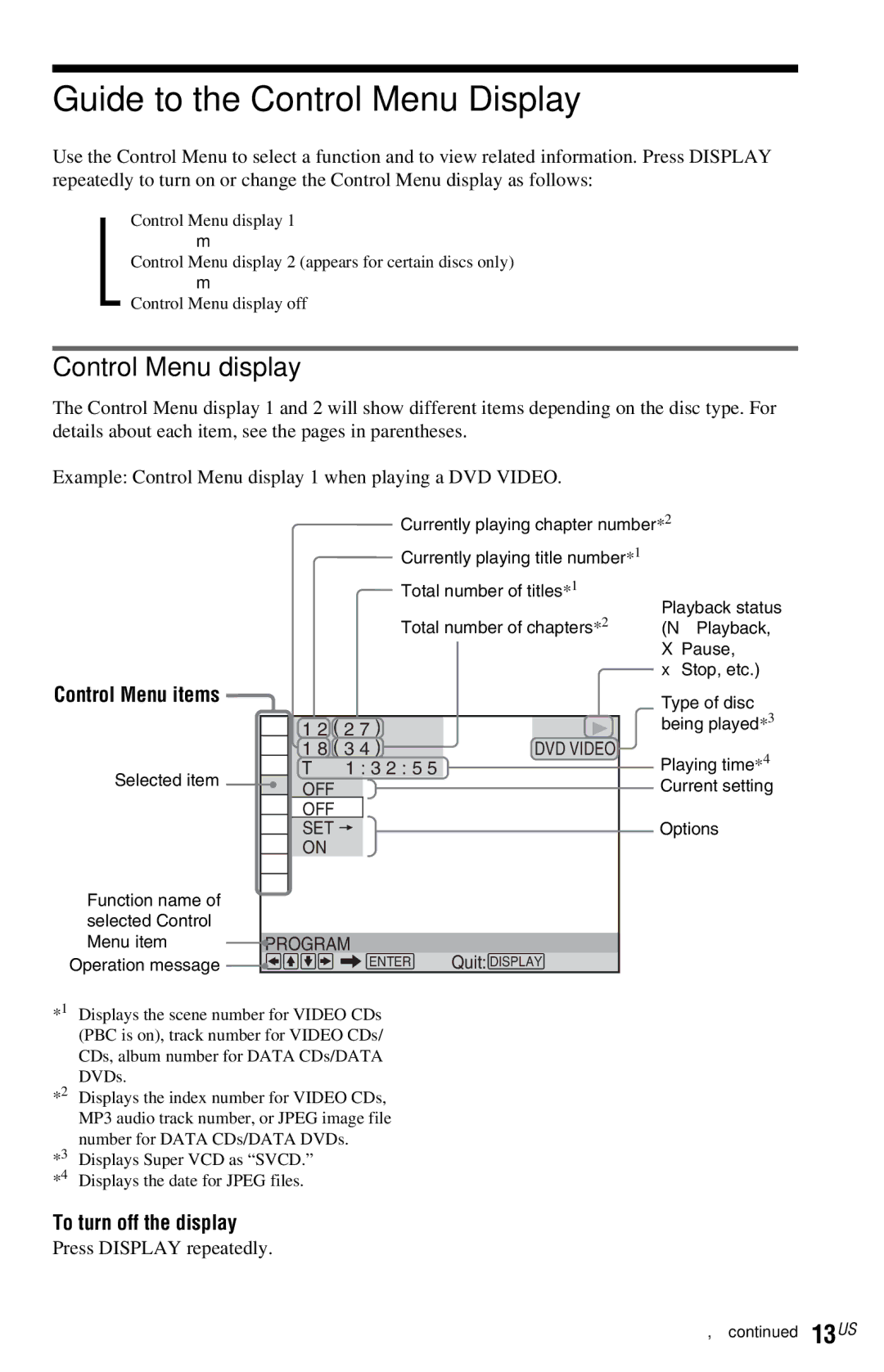 Sony DVP-NS72HP Guide to the Control Menu Display, Control Menu display, To turn off the display, Press Display repeatedly 