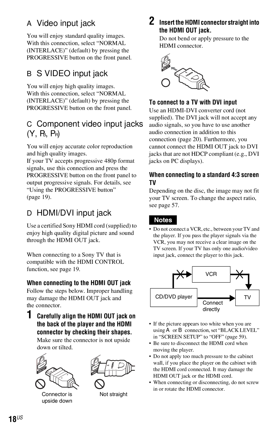 Sony DVP-NS72HP manual Video input jack, Component video input jacks Y, PB, PR, HDMI/DVI input jack, 18US 