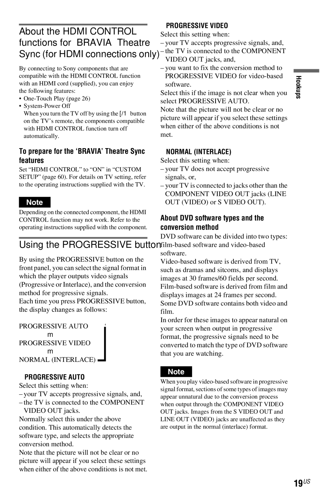 Sony DVP-NS72HP manual 19US, To prepare for the ‘BRAVIA’ Theatre Sync features, Progressive Auto Select this setting when 