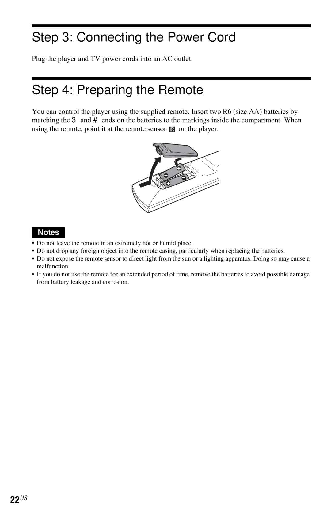 Sony DVP-NS72HP manual Connecting the Power Cord, Preparing the Remote, 22US 