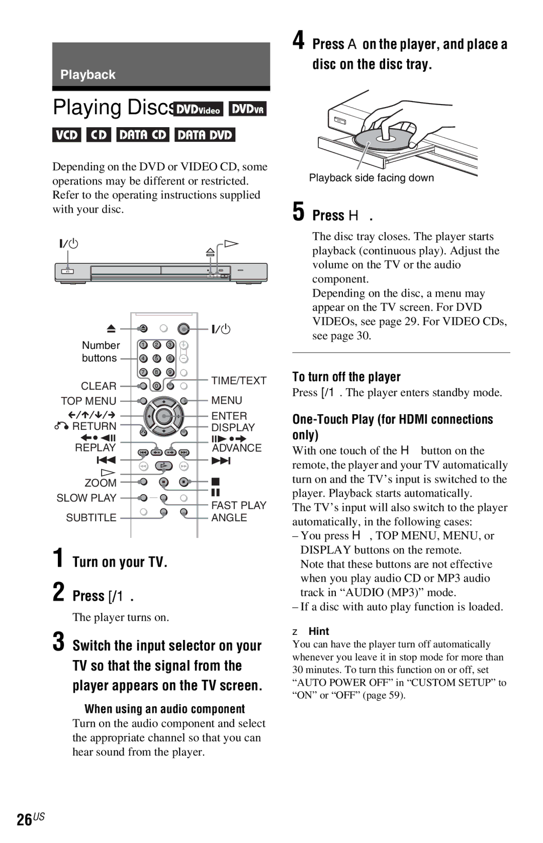 Sony DVP-NS72HP Playing Discs, 26US, Press a on the player, and place a disc on the disc tray, Turn on your TV Press /1 