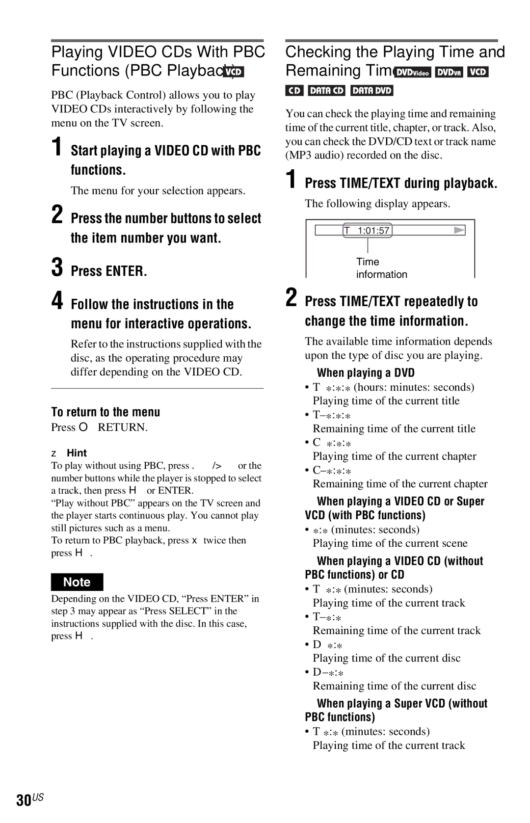 Sony DVP-NS72HP 30US, Playing Video CDs With PBC Functions PBC Playback, Checking the Playing Time and Remaining Time 
