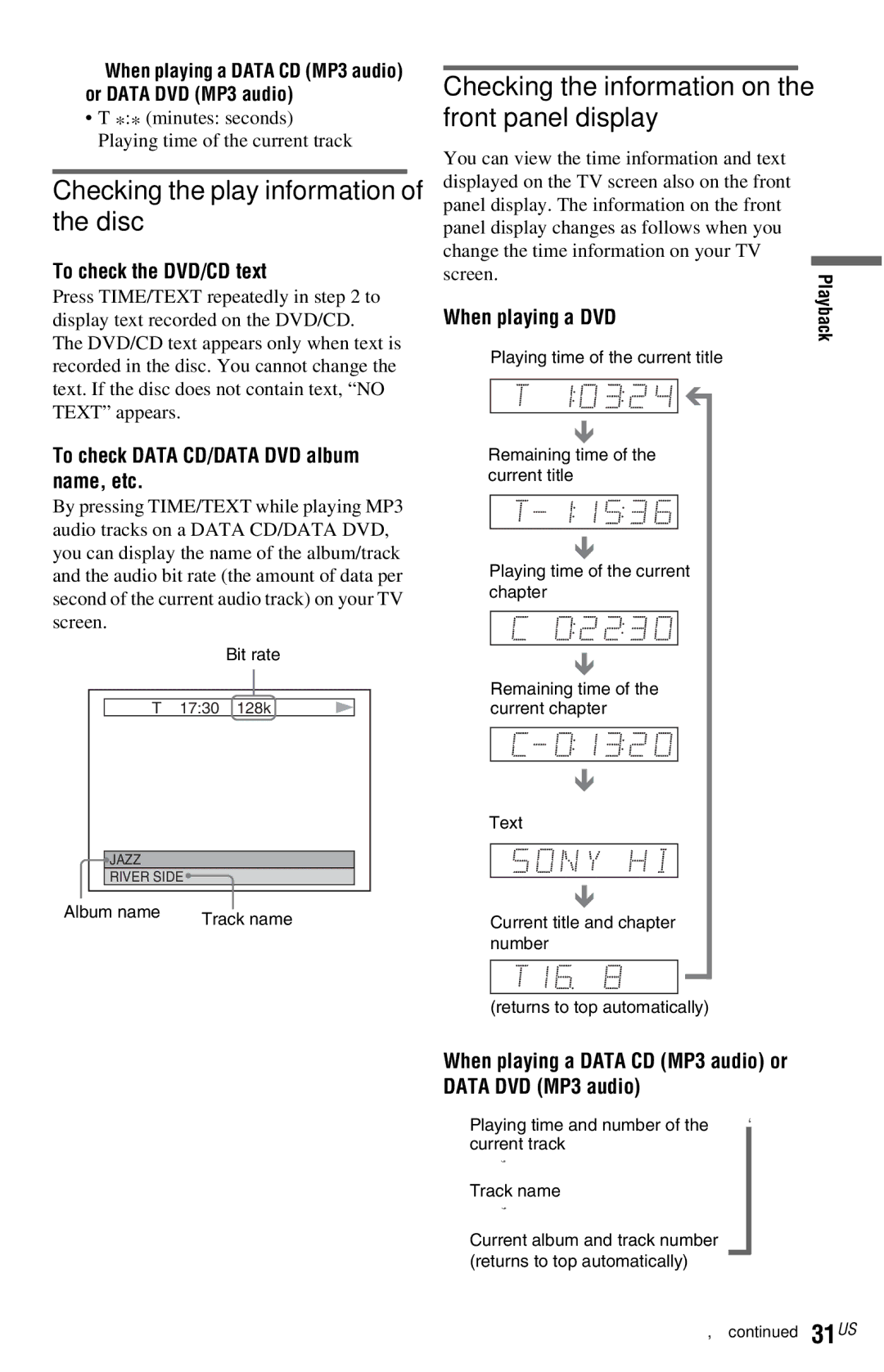 Sony DVP-NS72HP manual Checking the play information of the disc, Checking the information on the front panel display 