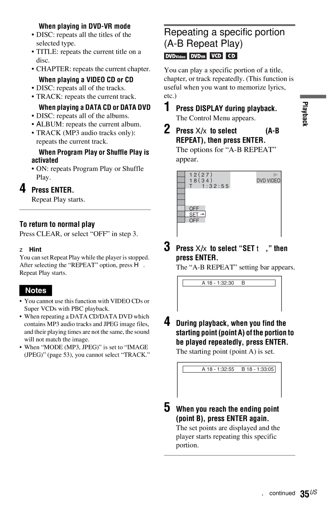 Sony DVP-NS72HP manual Repeating a specific portion A-B Repeat Play, Press X/x to select REPEAT, then press Enter 