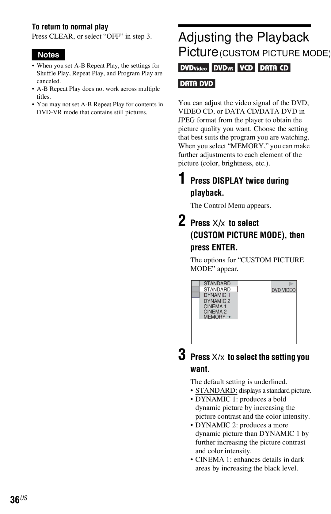 Sony DVP-NS72HP manual Adjusting the Playback, 36US, Press Display twice during playback 