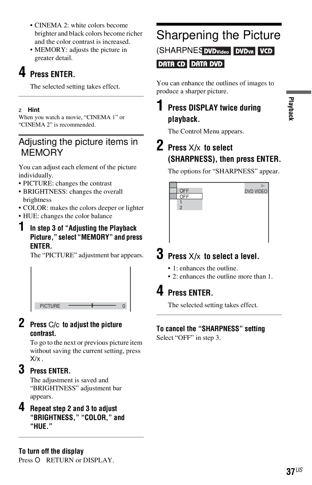 Sony DVP-NS72HP manual Sharpening the Picture, Adjusting the picture items in Memory, 37US 