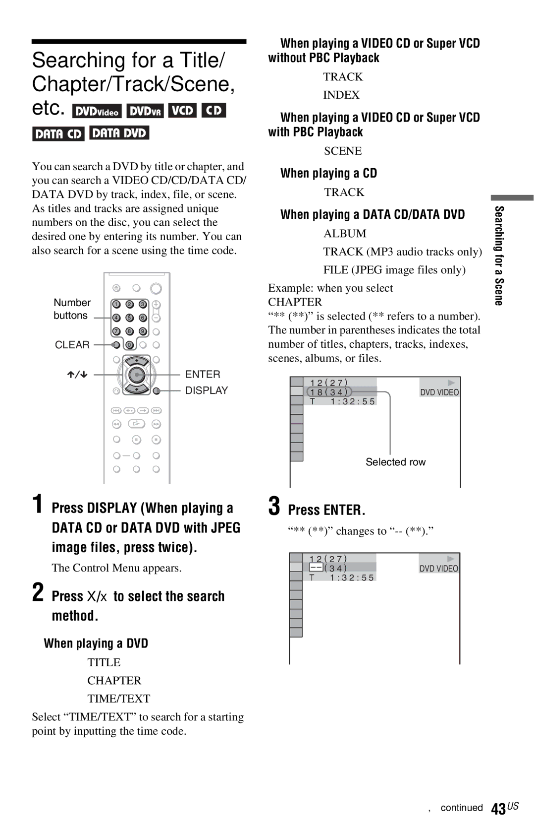 Sony DVP-NS72HP manual Press X/x to select the search method, When playing a Video CD or Super VCD without PBC Playback 