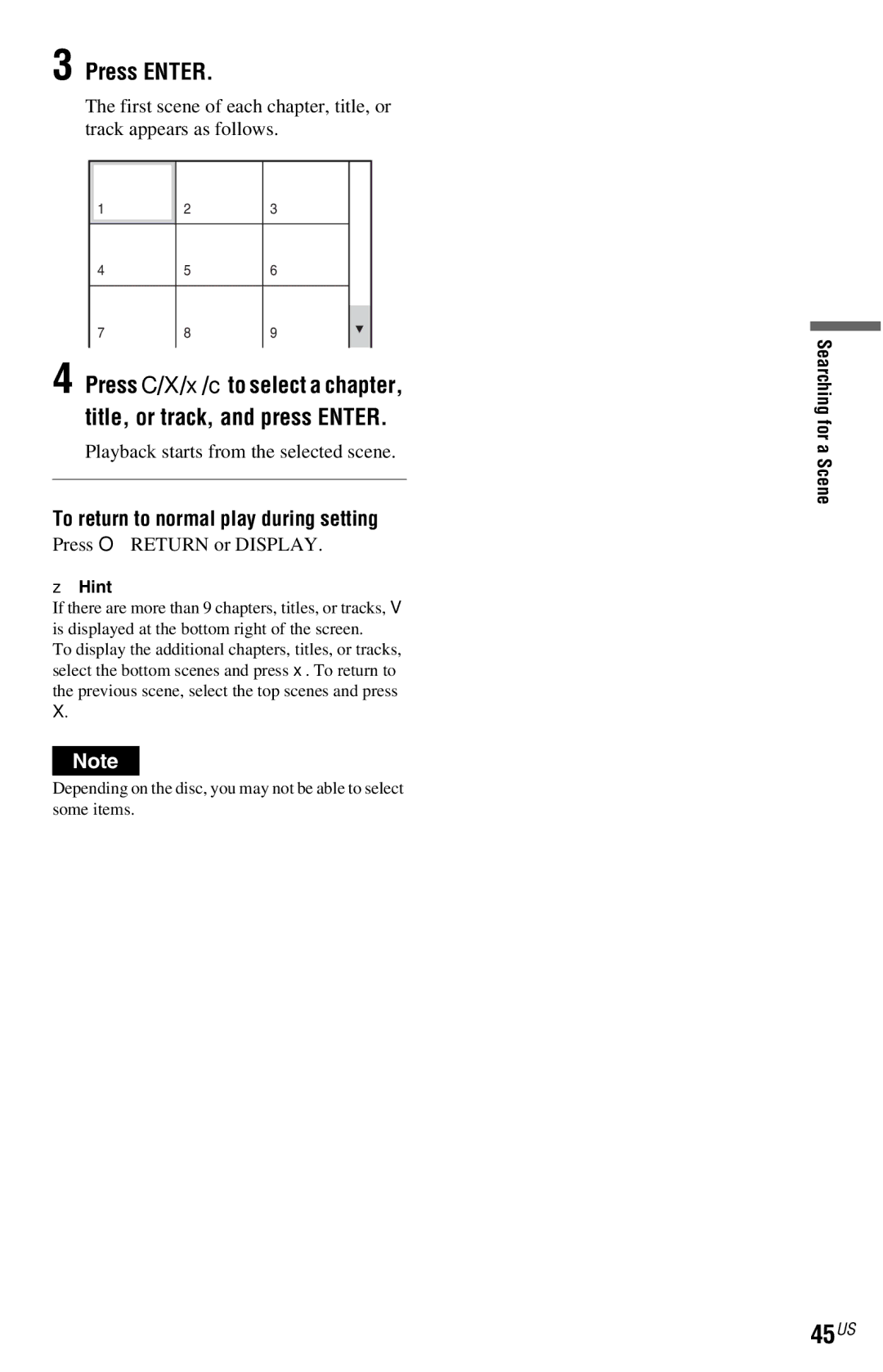 Sony DVP-NS72HP manual 45US, To return to normal play during setting, Playback starts from the selected scene 