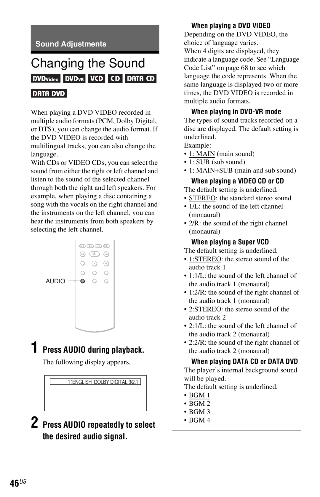 Sony DVP-NS72HP manual Changing the Sound, 46US, Press Audio during playback 