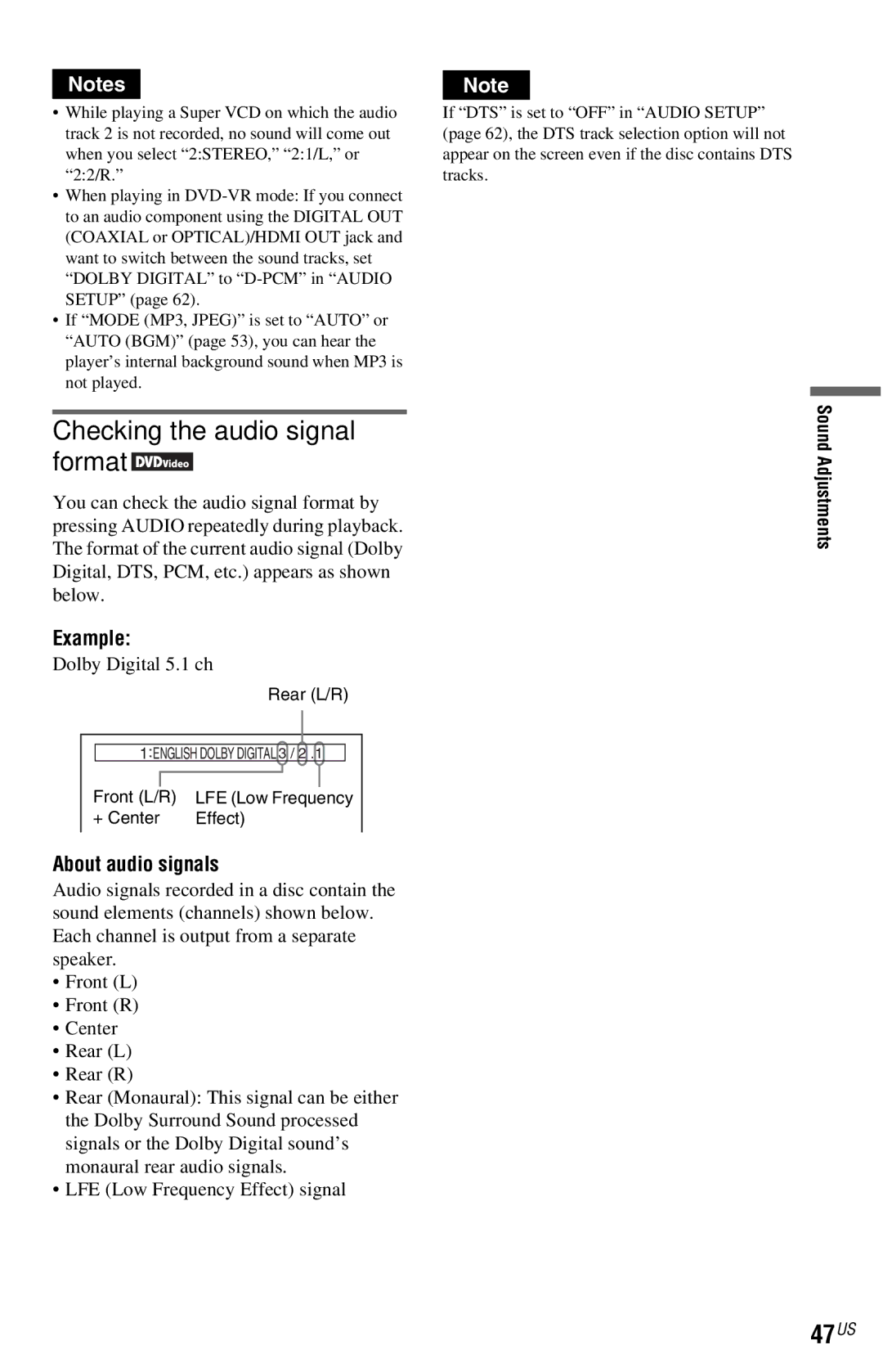 Sony DVP-NS72HP manual Checking the audio signal format, 47US, Example, About audio signals, Sound Adjustments 