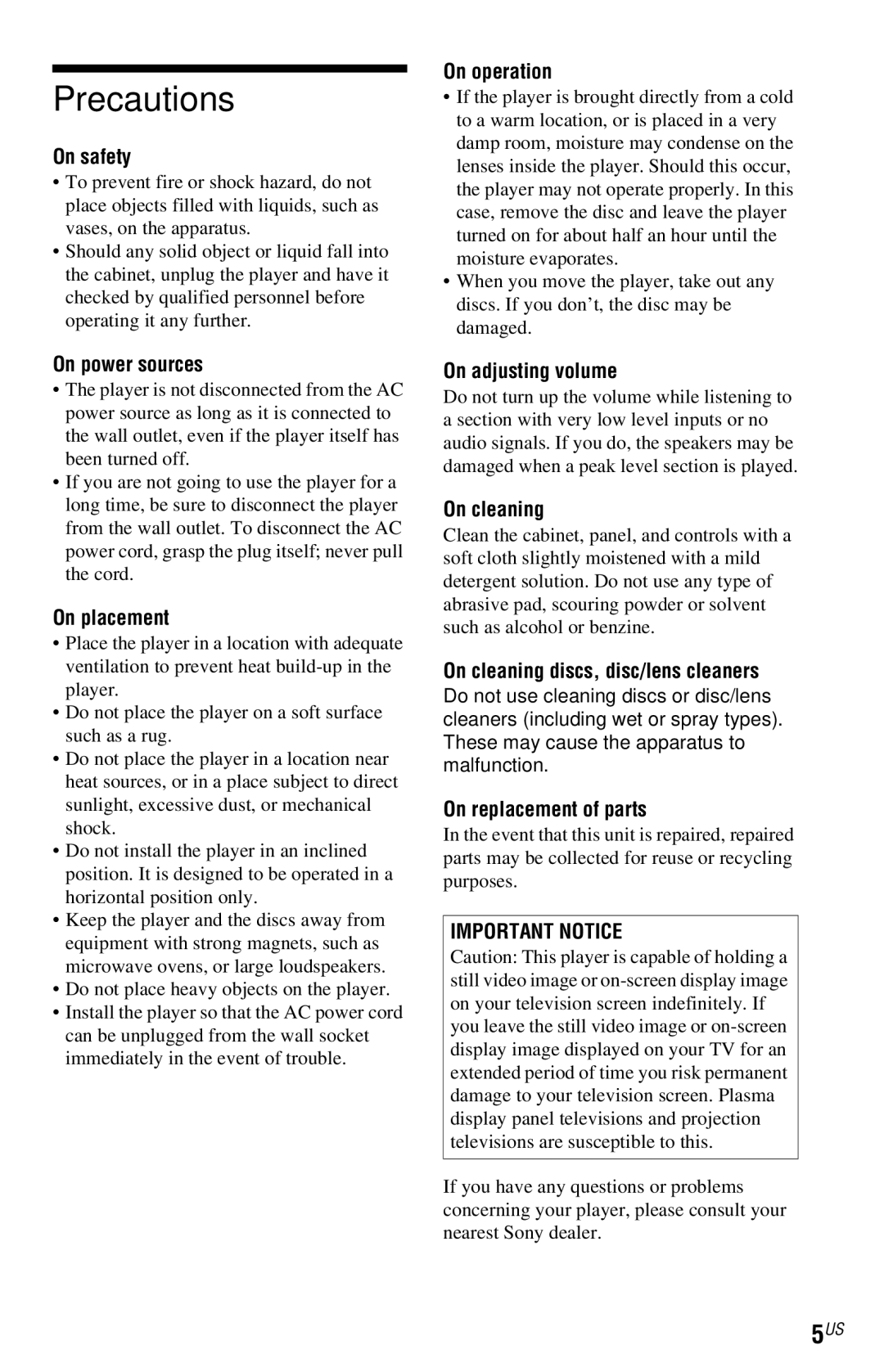 Sony DVP-NS72HP manual Precautions, Important Notice 