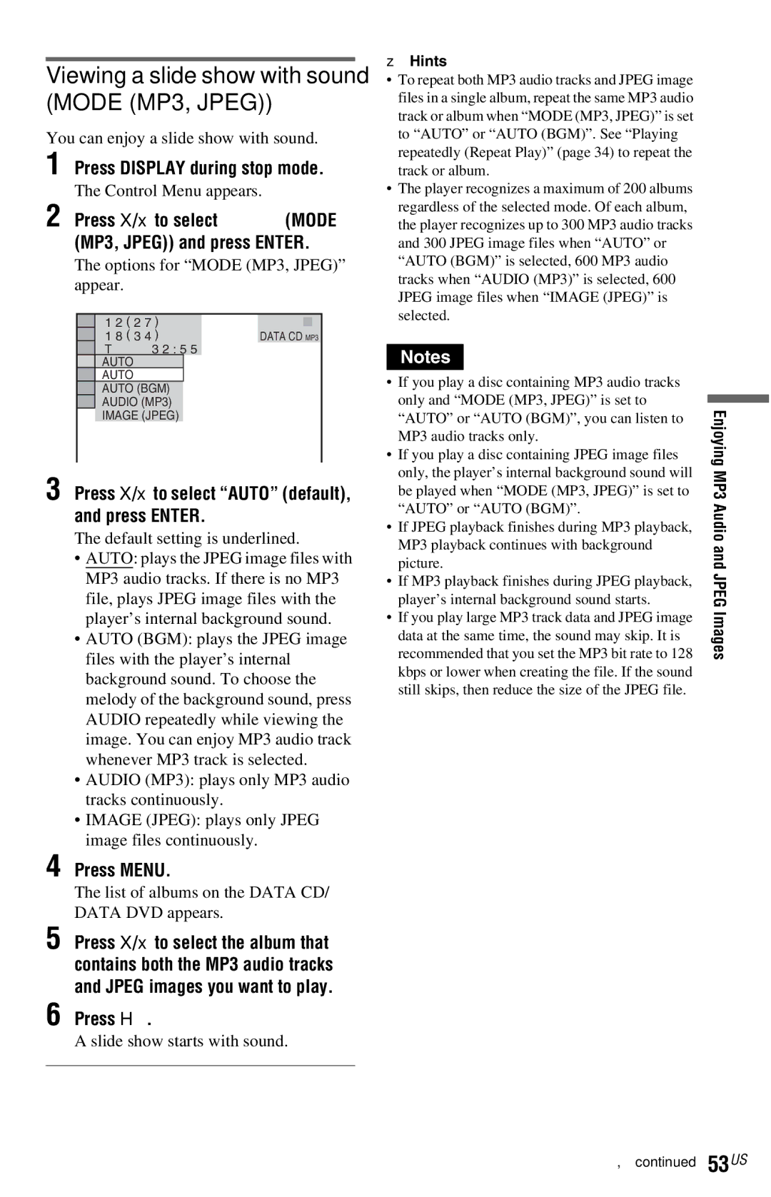 Sony DVP-NS72HP manual Viewing a slide show with sound Mode MP3, Jpeg, Press X/x to select Auto default, and press Enter 