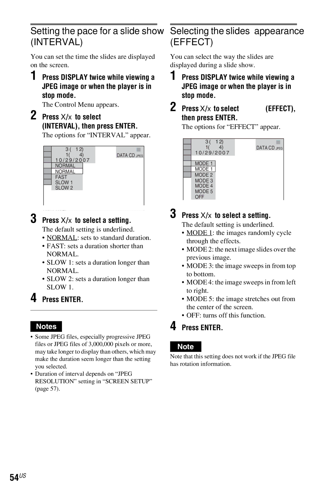 Sony DVP-NS72HP manual Setting the pace for a slide show Interval, Selecting the slides’ appearance Effect, 54US 