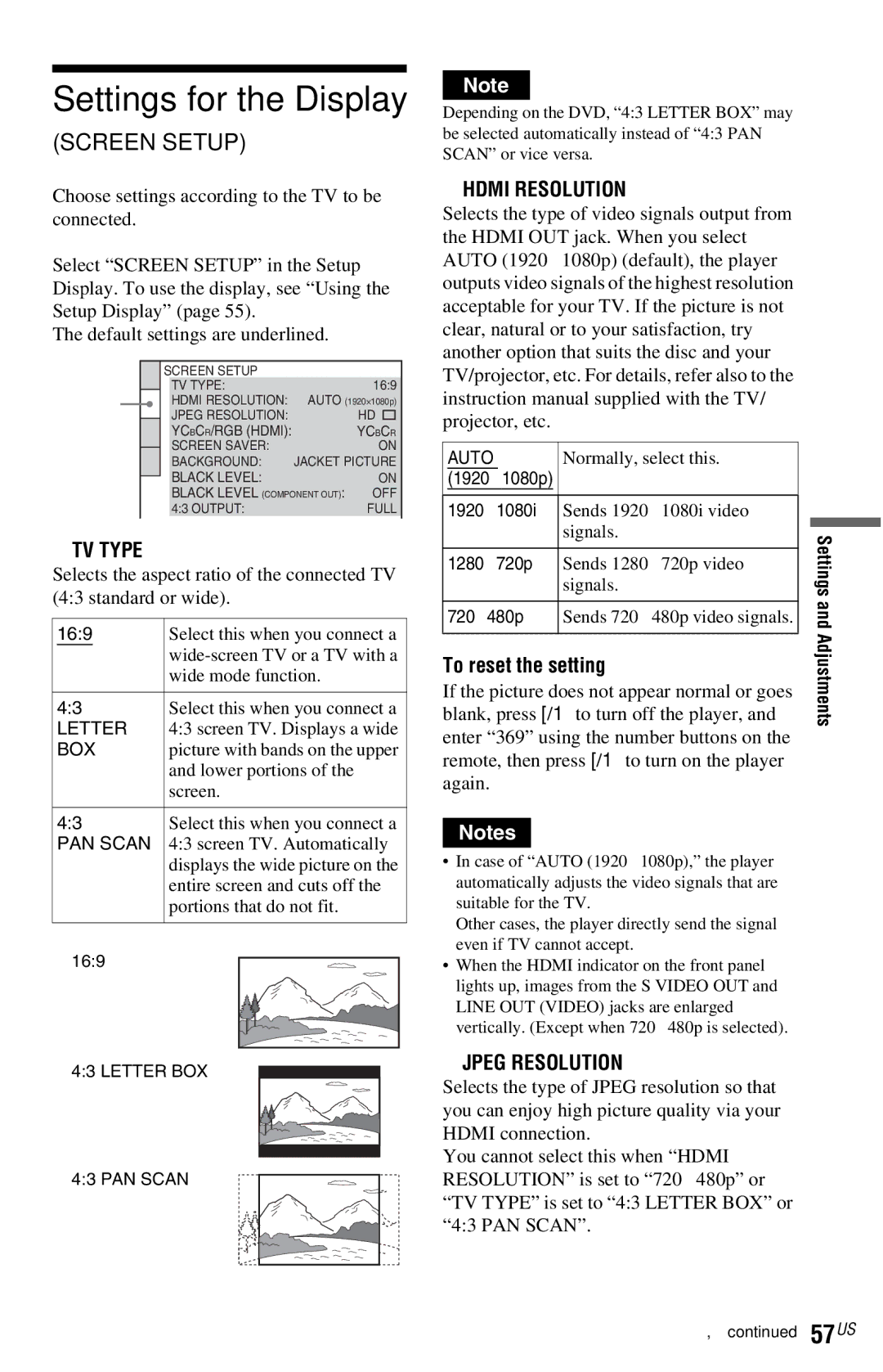 Sony DVP-NS72HP manual Settings for the Display, TV Type, Hdmi Resolution, To reset the setting, Jpeg Resolution 