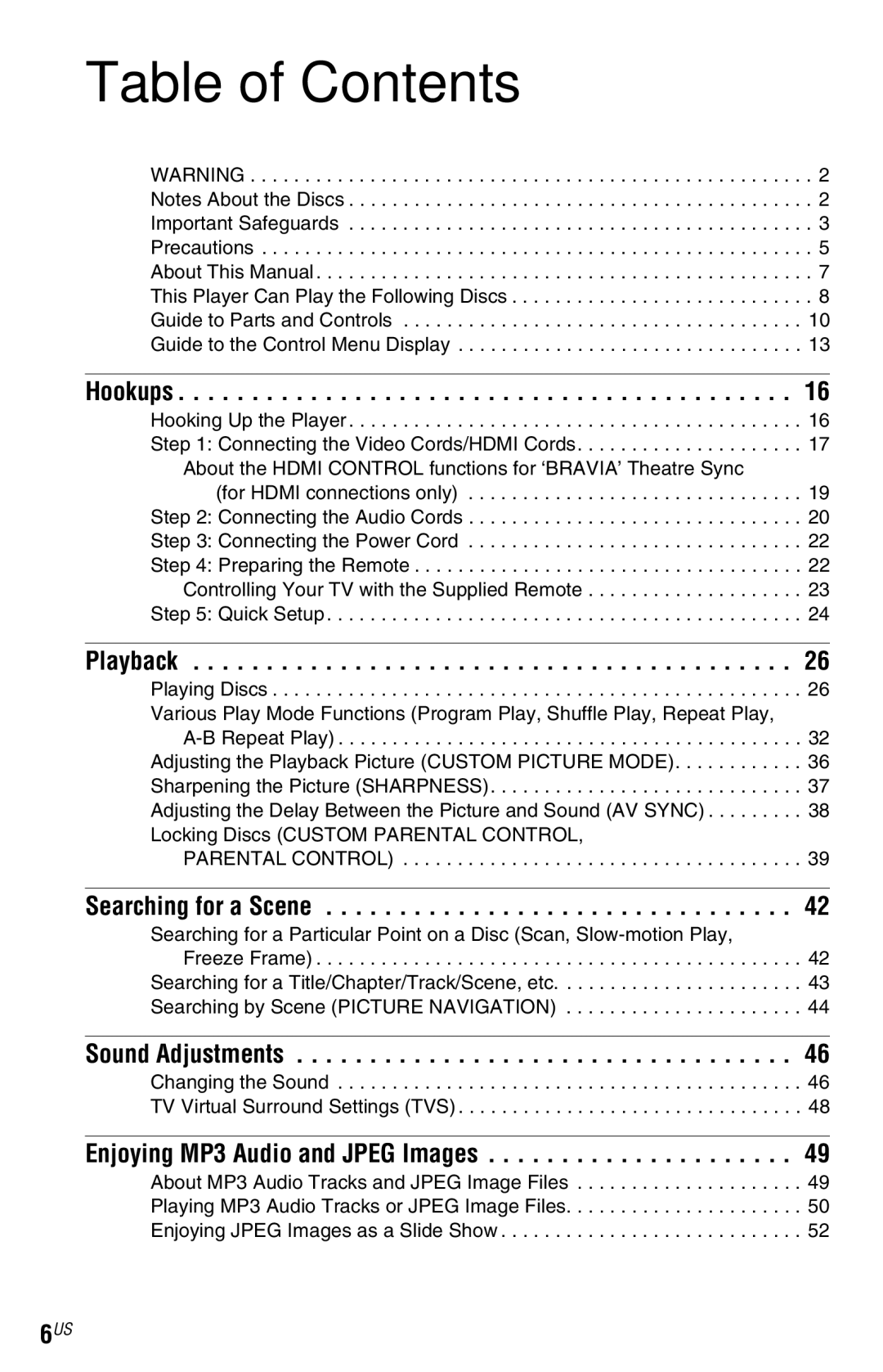 Sony DVP-NS72HP manual Table of Contents 