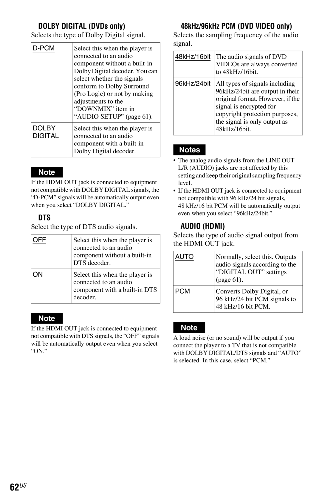 Sony DVP-NS72HP manual 62US, Dolby Digital DVDs only, Dts, 48kHz/96kHz PCM DVD Video only, Audio Hdmi 