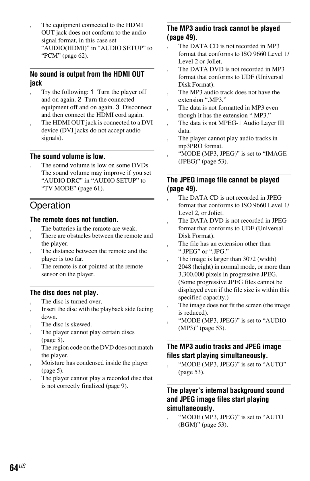 Sony DVP-NS72HP manual Operation, 64US 