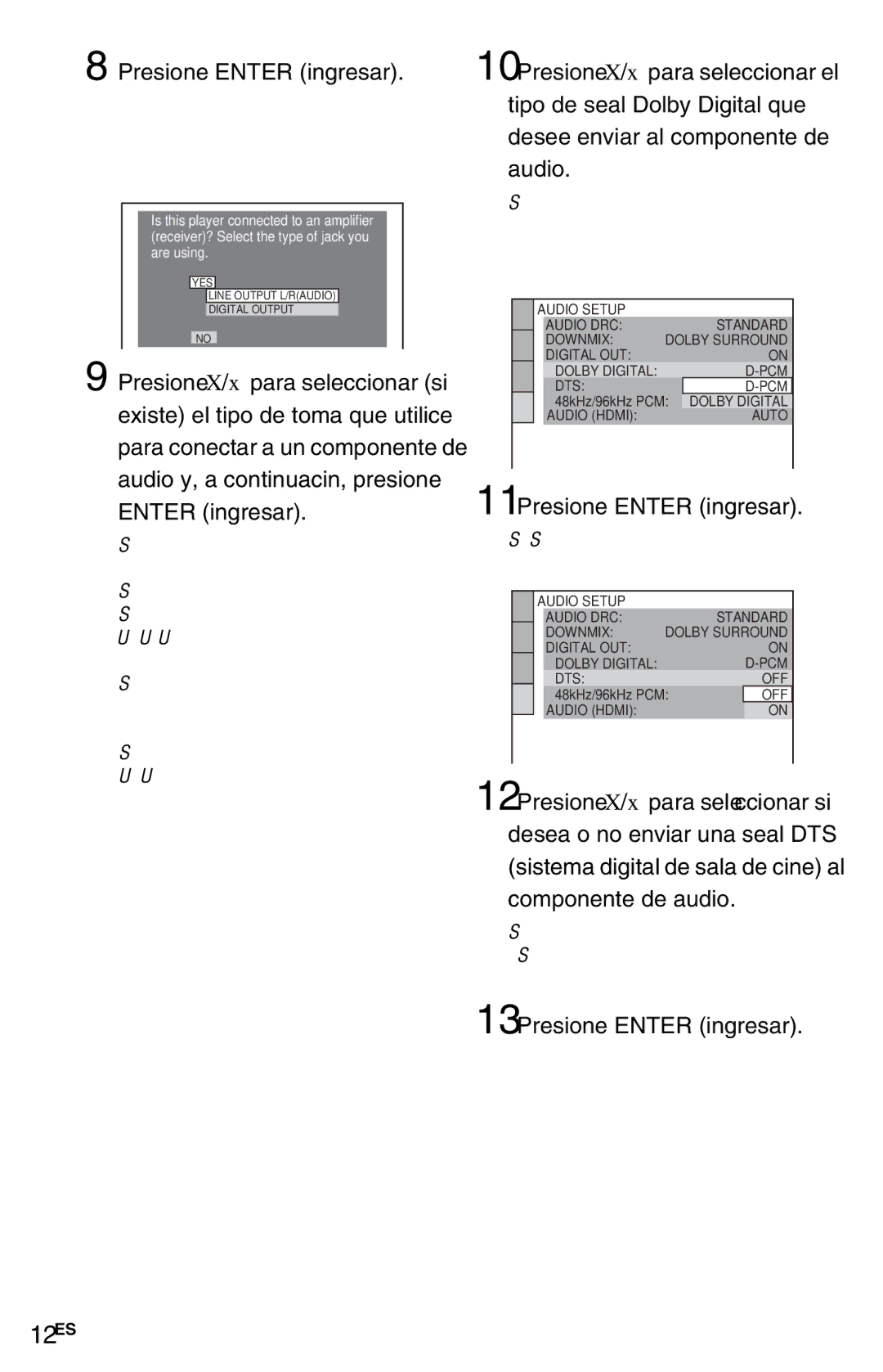 Sony DVP-NS72HP manual 12ES, 11Presione Enter ingresar, 13Presione Enter ingresar 