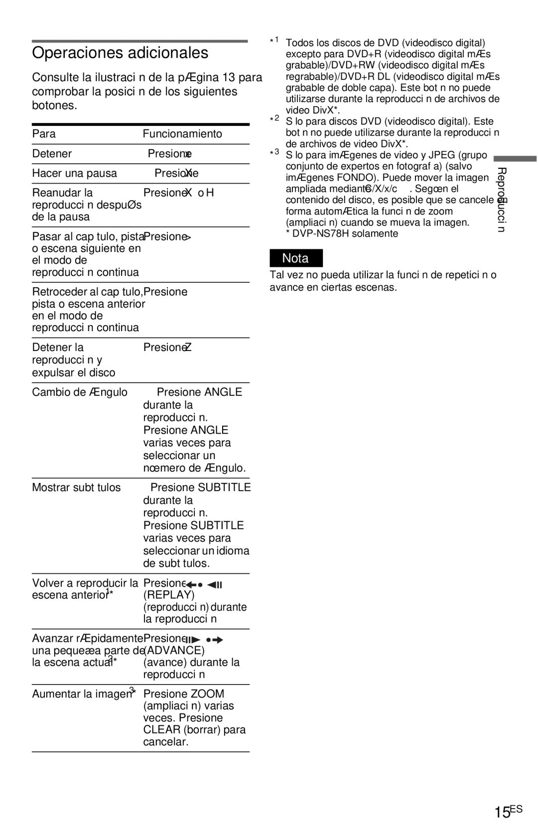 Sony DVP-NS72HP manual Operaciones adicionales, 15ES, Para Funcionamiento, Reproducción 