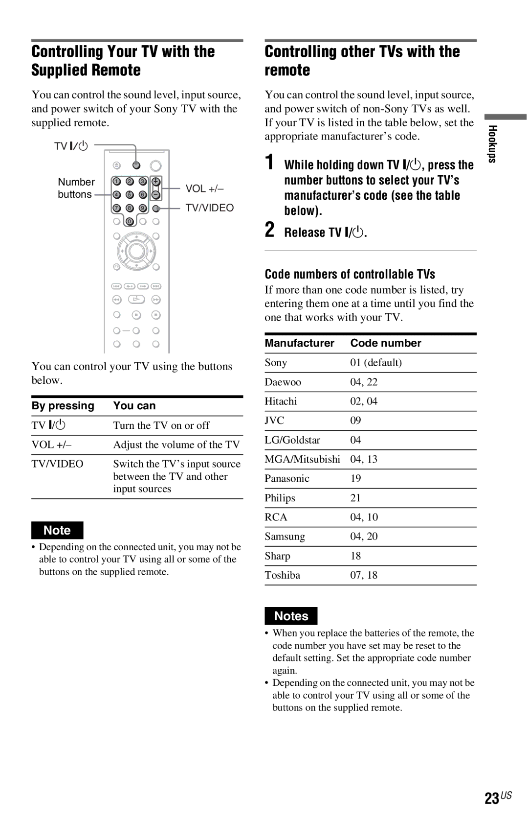 Sony DVP-NS77H operating instructions Controlling Your TV with the Supplied Remote, Controlling other TVs with Remote, 23US 