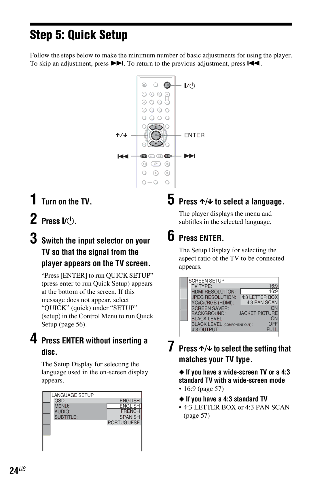 Sony DVP-NS77H operating instructions Quick Setup, 24US 