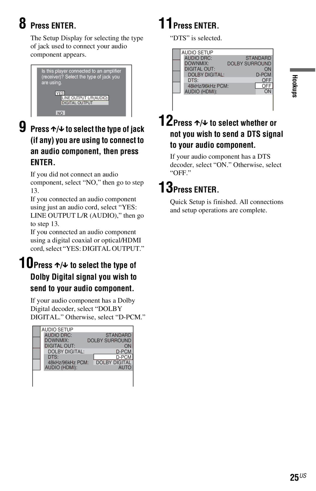 Sony DVP-NS77H operating instructions 25US, 10Press X/x to select the type, 11Press Enter, 13Press Enter, DTS is selected 