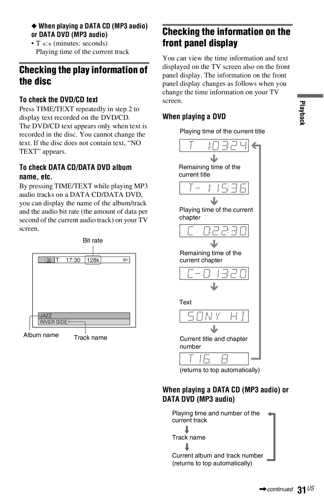 Sony DVP-NS77H Checking the play information of the disc, Checking the information on the front panel display 