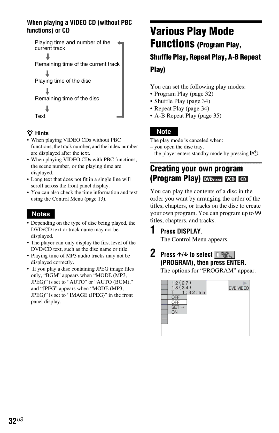 Sony DVP-NS77H Various Play Mode, 32US, Functions Program Play, Creating your own program Program Play 