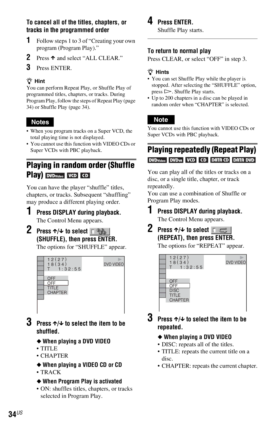 Sony DVP-NS77H operating instructions Playing in random order Shuffle Play, Playing repeatedly Repeat Play, 34US 