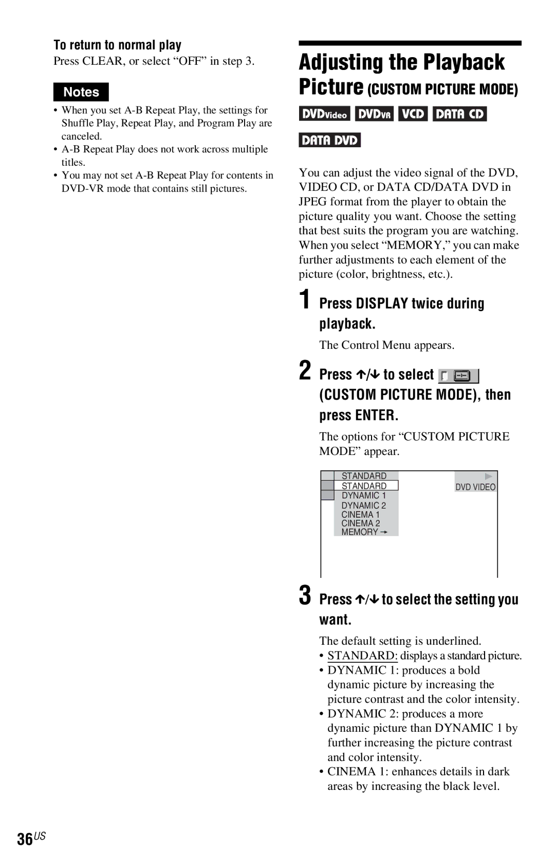 Sony DVP-NS77H Adjusting the Playback, 36US, Press Display twice during playback, Press X/x to select the setting you want 