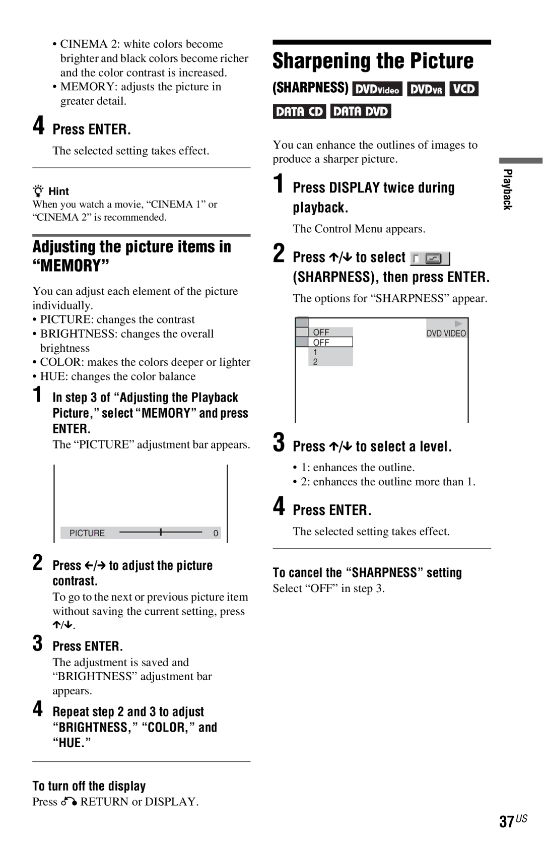 Sony DVP-NS77H operating instructions Sharpening the Picture, Adjusting the picture items in Memory, 37US 