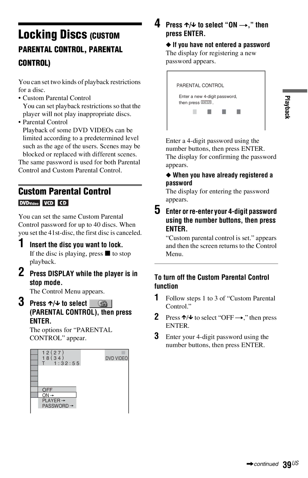 Sony DVP-NS77H operating instructions Locking Discs Custom, Custom Parental Control 