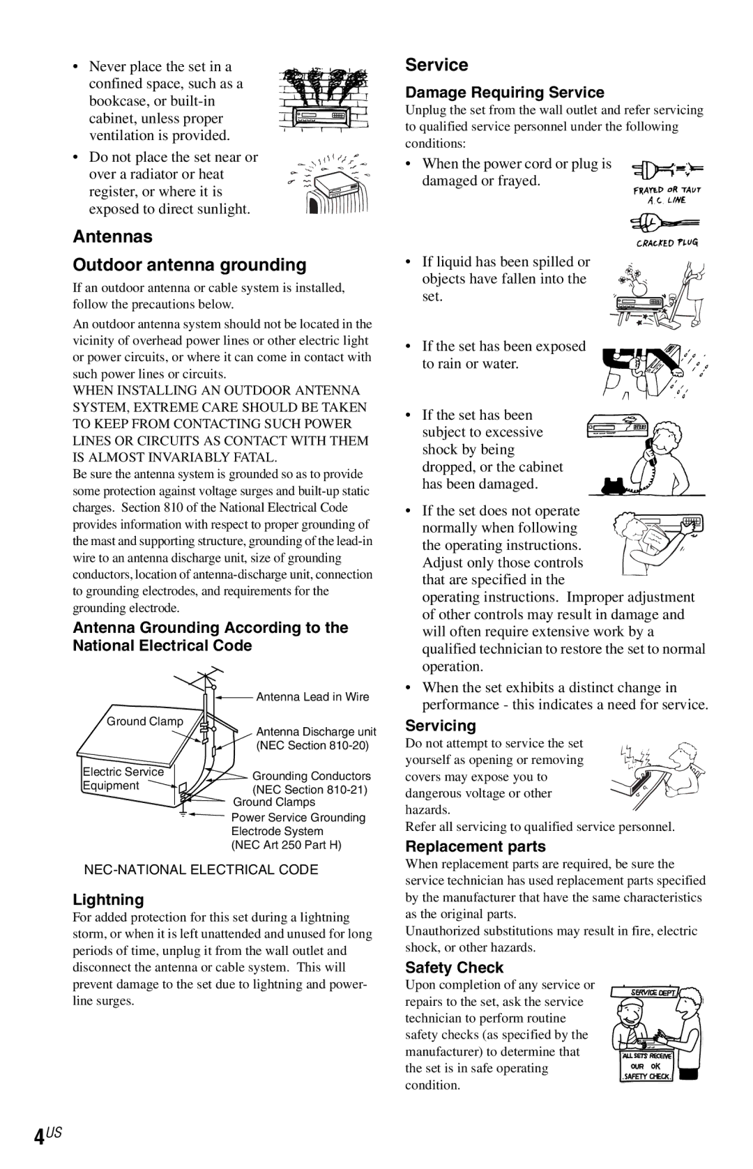 Sony DVP-NS77H operating instructions Antennas Outdoor antenna grounding, Service 