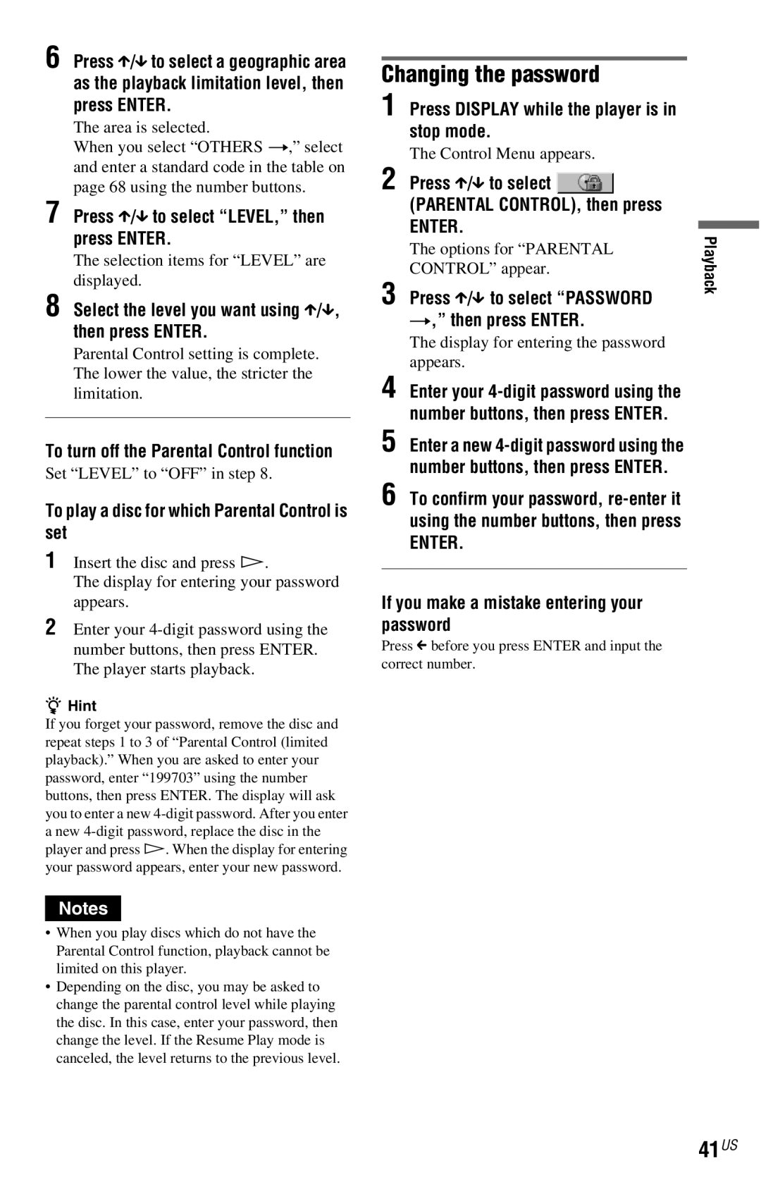 Sony DVP-NS77H operating instructions Changing the password, 41US 