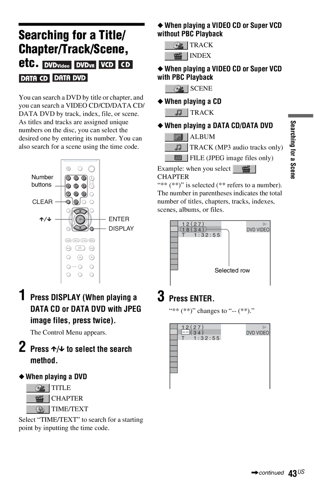 Sony DVP-NS77H Press X/x to select the search method, When playing a Video CD or Super VCD without PBC Playback 