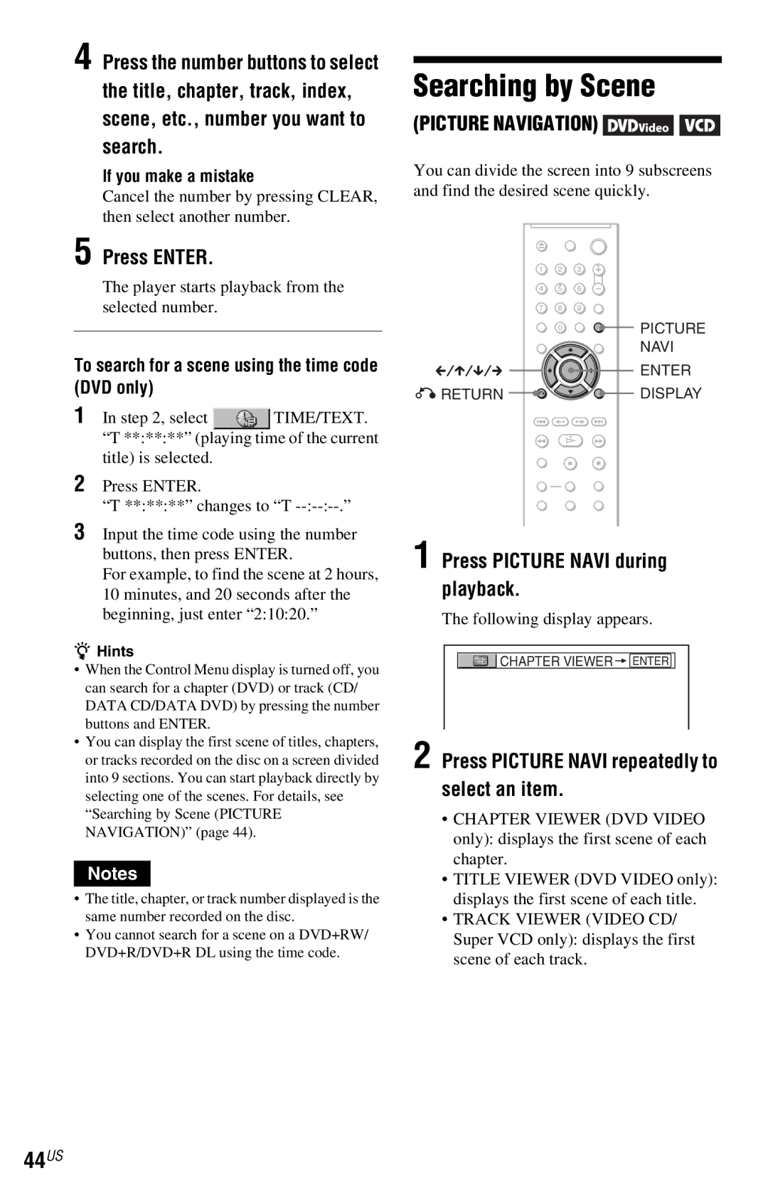 Sony DVP-NS77H operating instructions Searching by Scene, 44US, Press Picture Navi during playback 