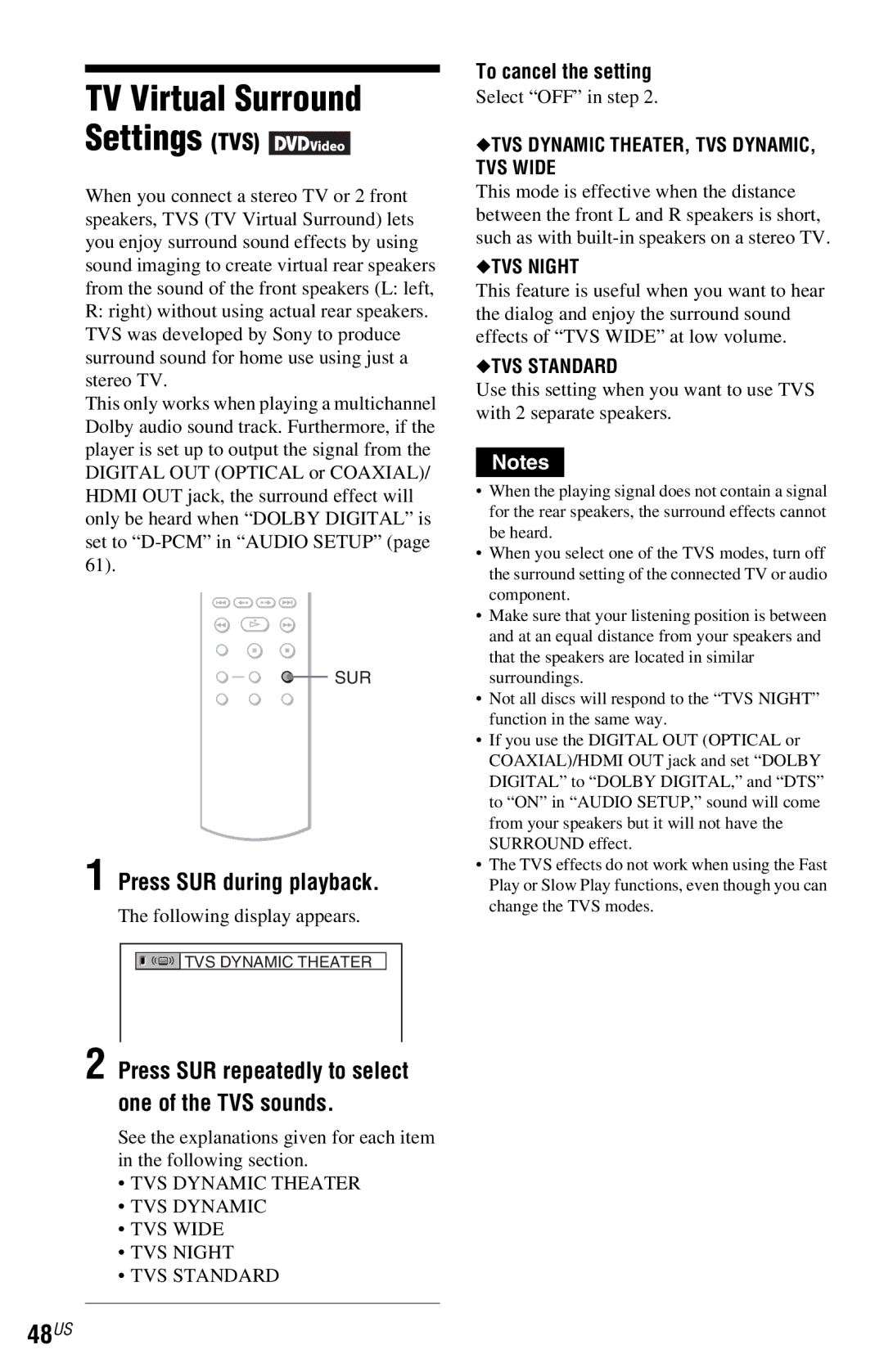 Sony DVP-NS77H operating instructions 48US, Press SUR during playback, Press SUR repeatedly to select one of the TVS sounds 