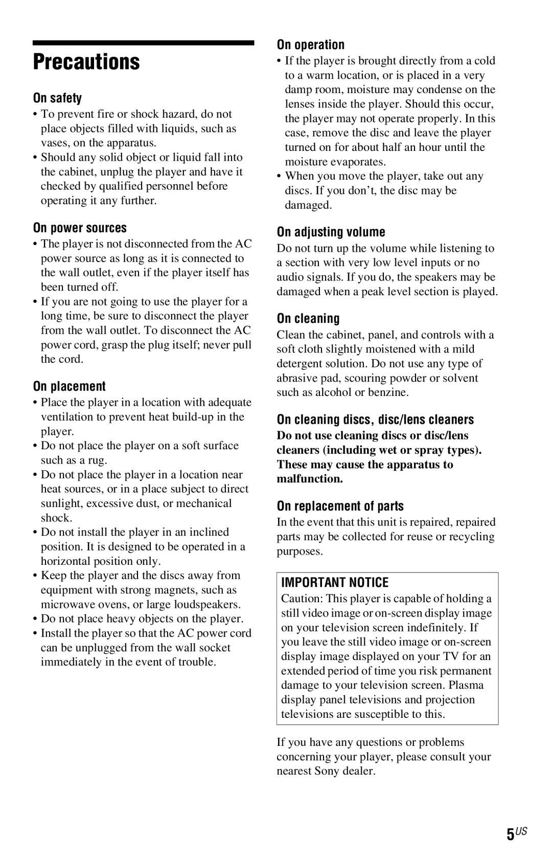 Sony DVP-NS77H operating instructions Precautions, Important Notice 